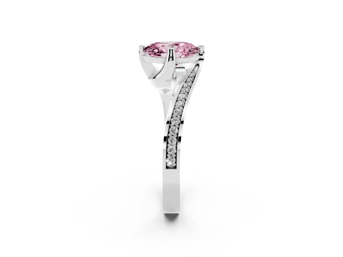 Fancy Pink Oval Cut Solitaire Diamond Twist Band with Pavé Setting and Four-Prong Setting Silver