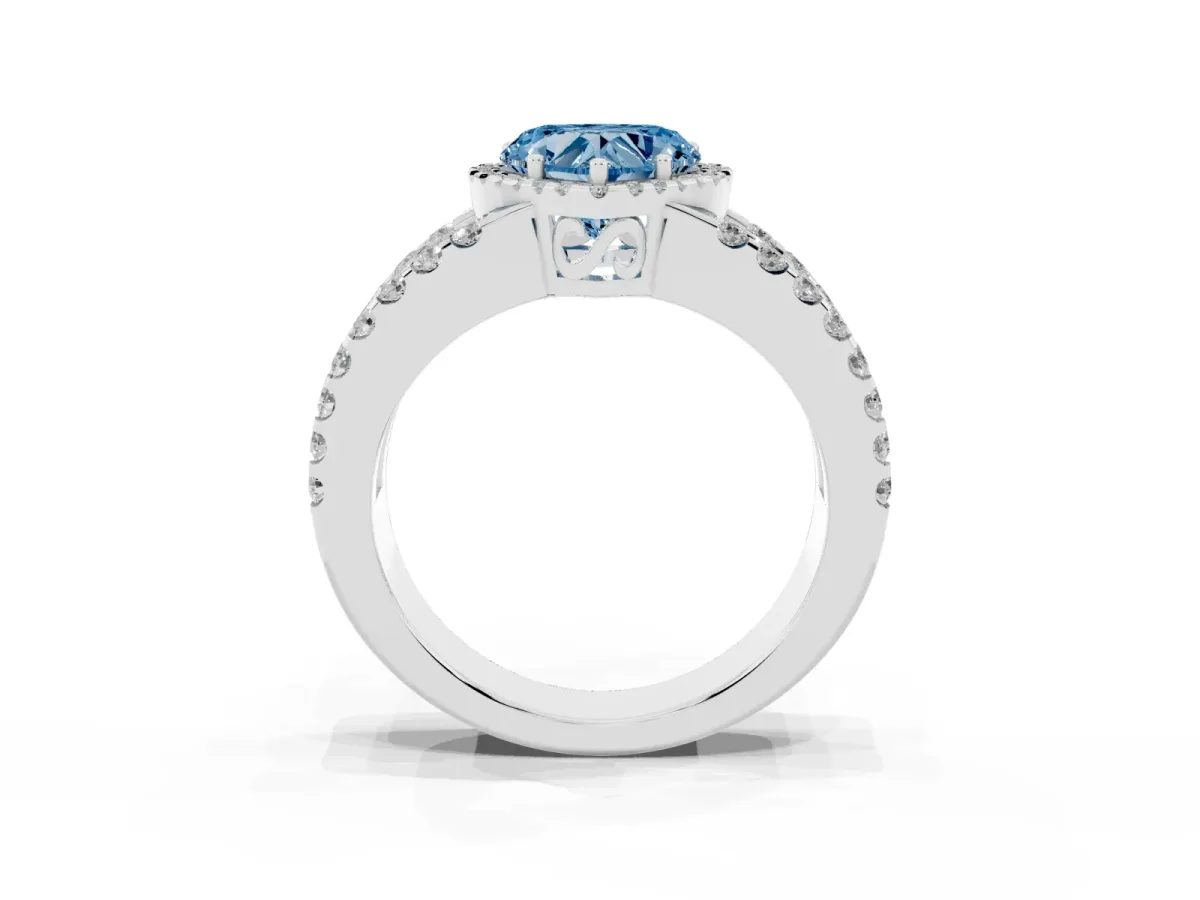 Fancy Blue Heart Cut Cut Halo Split Shank Diamond Ring with Four-Prong Setting Platinum