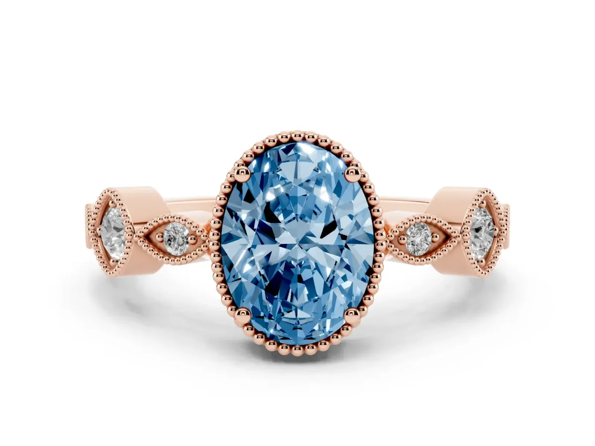 Fancy Blue Oval Cut Diamond Vintage Milgrain Ring with Round Stations Rose gold