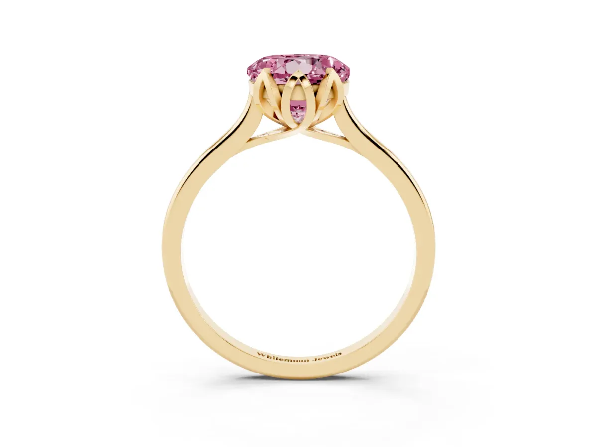 Fancy Pink Round Cut Diamond Solitaire Ring with Flower Prong Setting and Classic Band Yellow gold