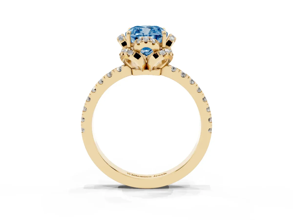 Fancy Blue Cushion Cut Diamond Halo Pave Band with Four-Prong Setting Yellow gold