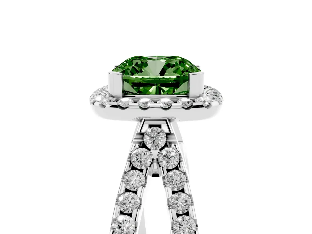 Fancy Green Cushion Cut Diamond Halo Ring with Split Shank Pavé Band and Prong Setting Platinum