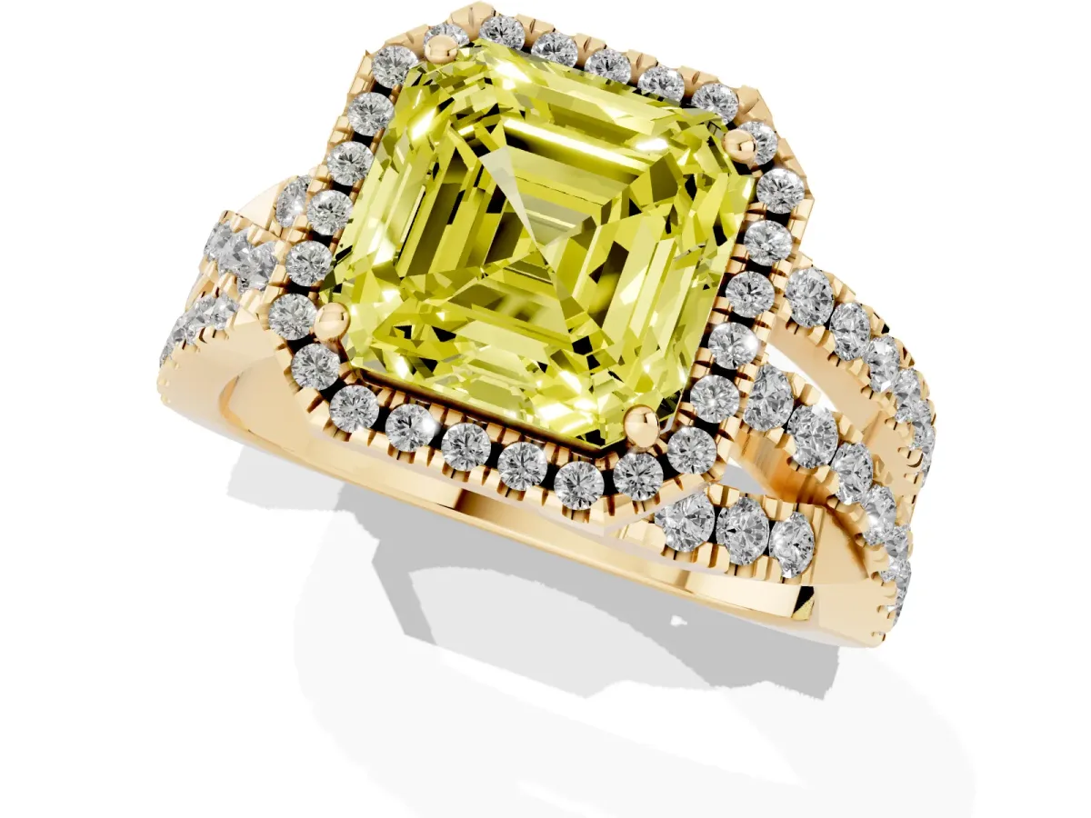 Fancy Yellow Asscher Cut Diamond Halo Ring with Round Split Shank and Prong Setting Yellow gold