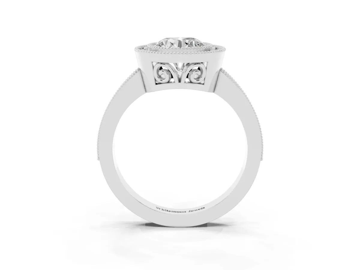 Round Cut Cut Halo Diamond Ring with Pavé Band and Milgrain Prong Setting Silver