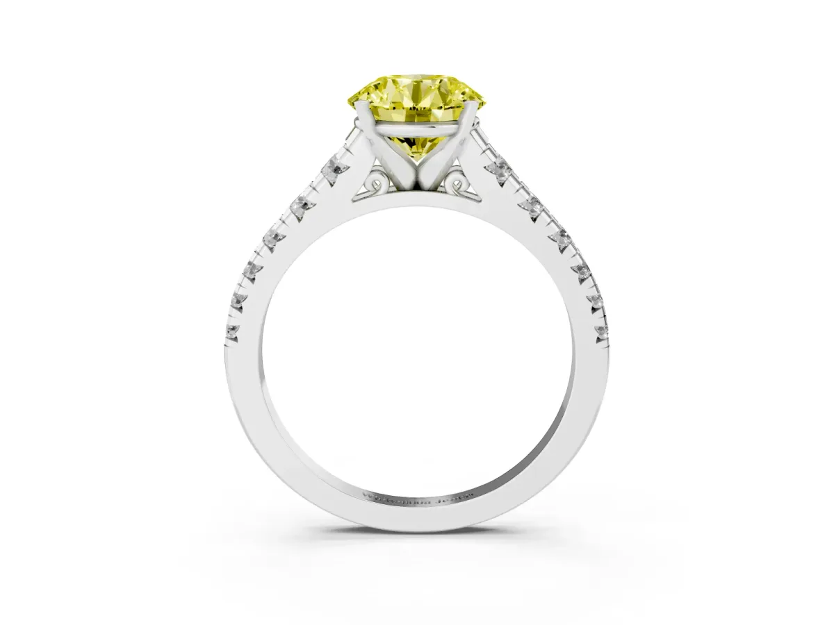 Fancy Yellow Round Cut Diamond Cathedral Solitaire Ring with Round Pavé Band Silver