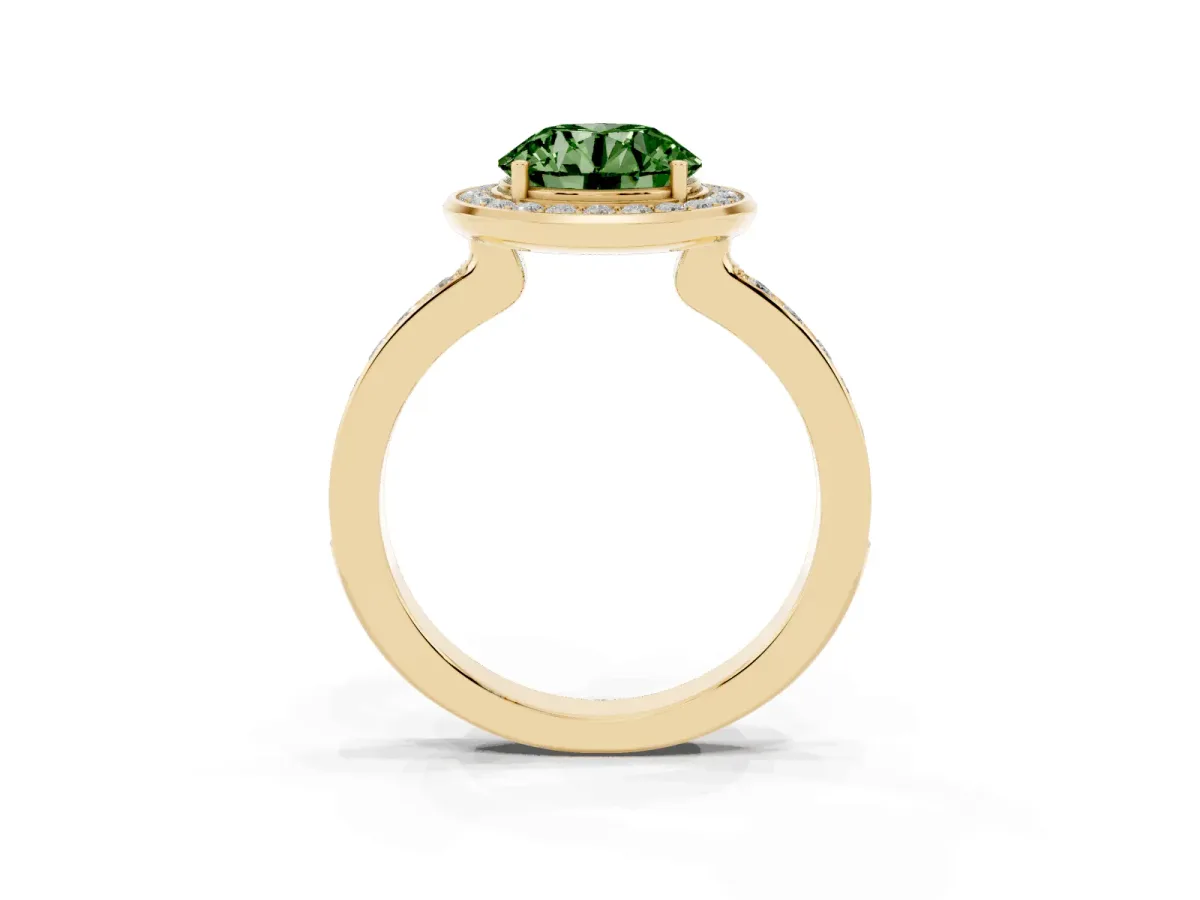Fancy Green Round Cut Diamond Halo Ring with Bezel Frame and Pavé Band Yellow gold