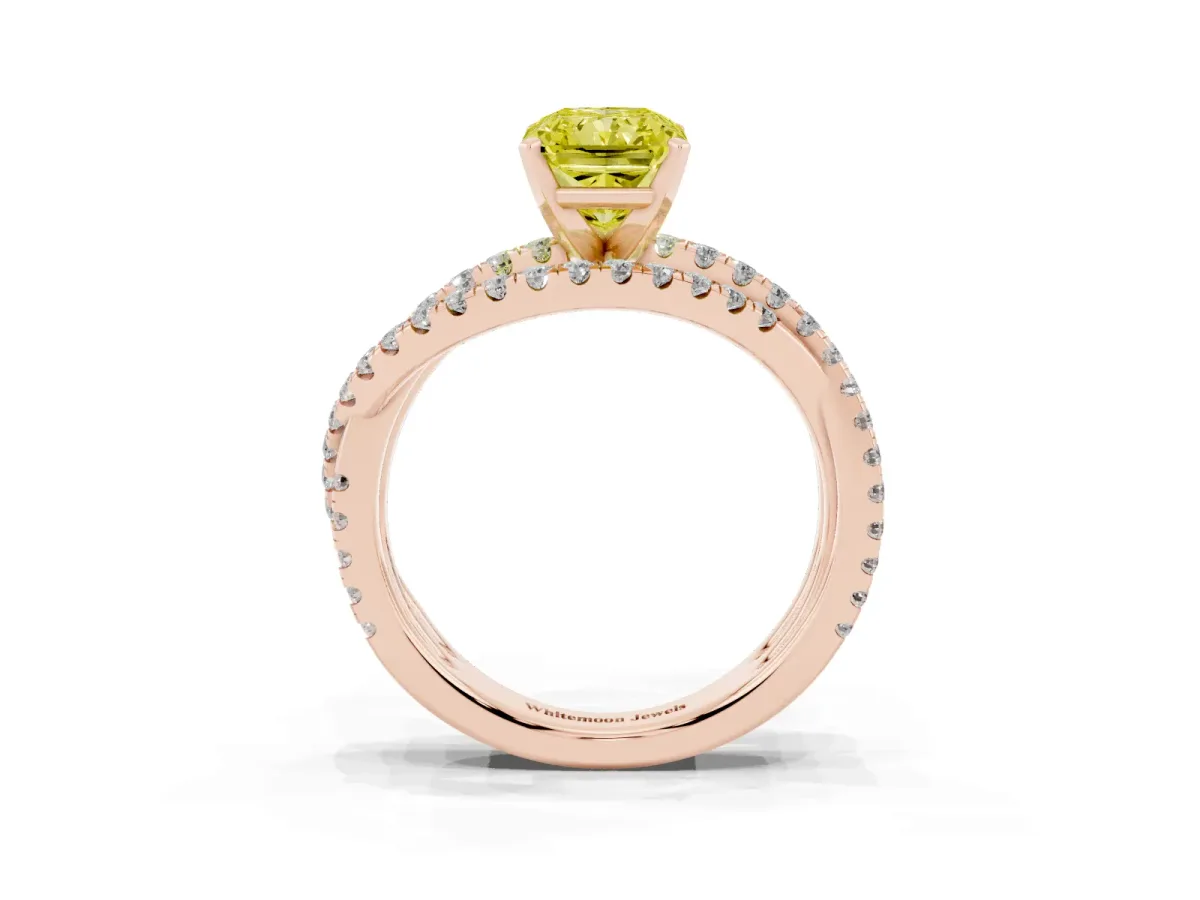 Fancy Yellow Radiant Cut Solitaire Twist Band with Pavé Setting and Four-Prong Setting Rose gold