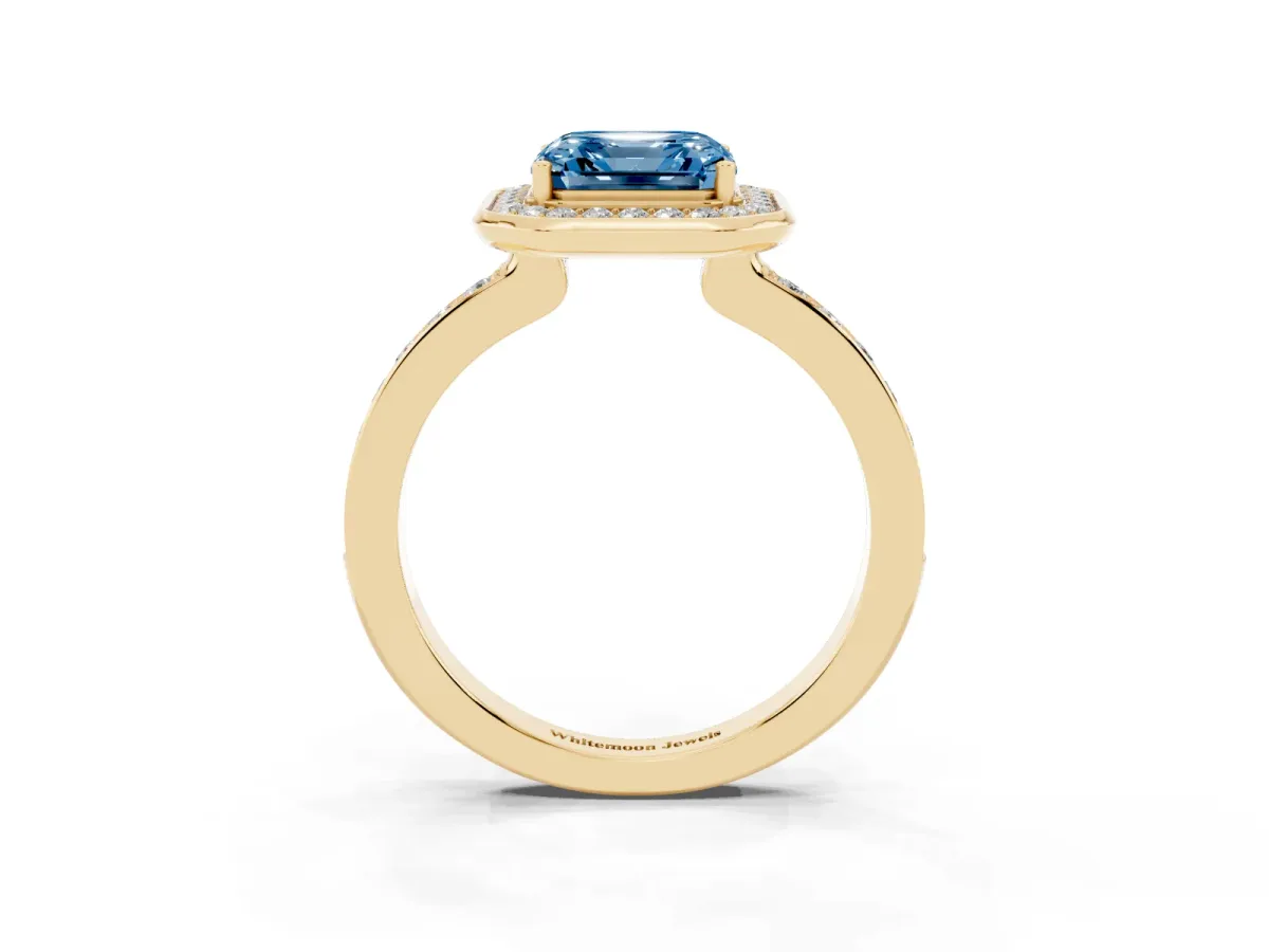 Fancy Blue Asscher Cut Diamond Halo Ring with Bezel Frame and Pavé Band Yellow gold