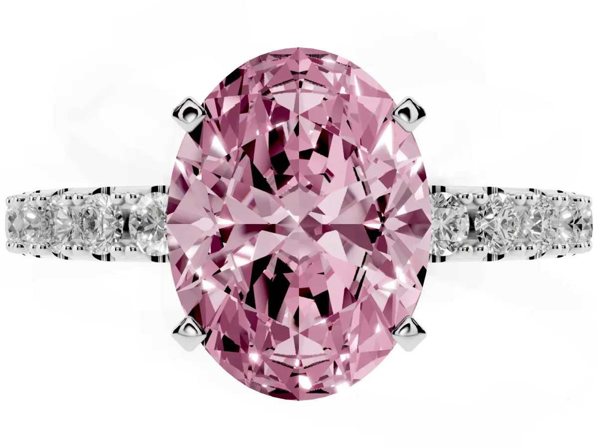 Fancy Pink Oval Cut Diamond Solitaire Pavé Band with Four-Prong Setting Platinum