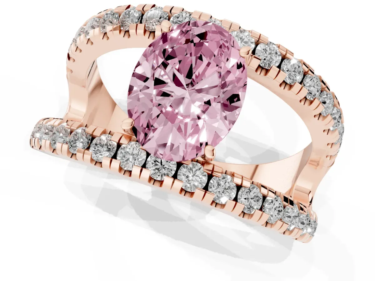 Fancy Pink Oval Cut Solitaire Split Shank Pave Diamond Ring Rose gold