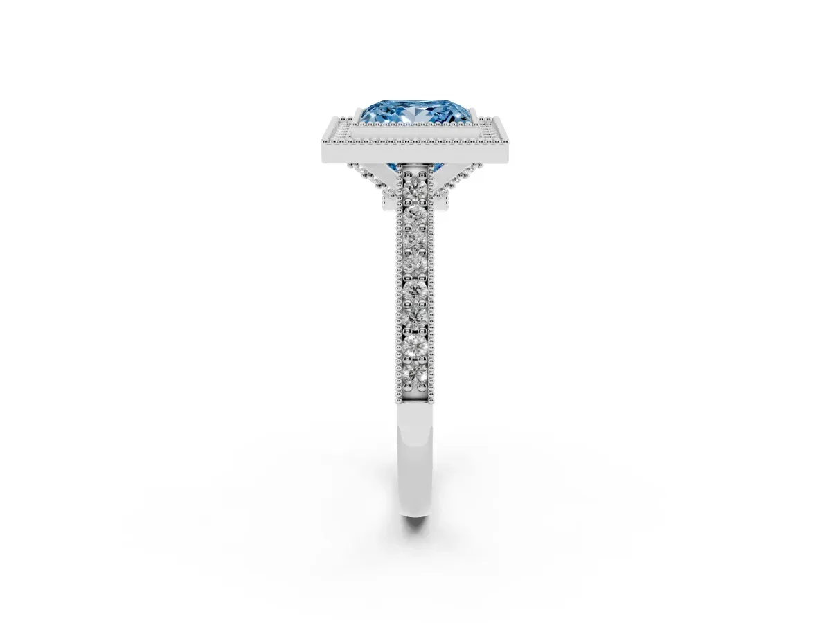 Fancy Blue Halo Princess Cut-Cut Diamond Pave Band Milgrain Prong Setting Ring Silver