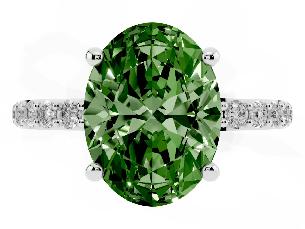 Fancy Green Oval Cut Diamond Solitaire Ring with Round Pavé Band and Prong Setting Silver