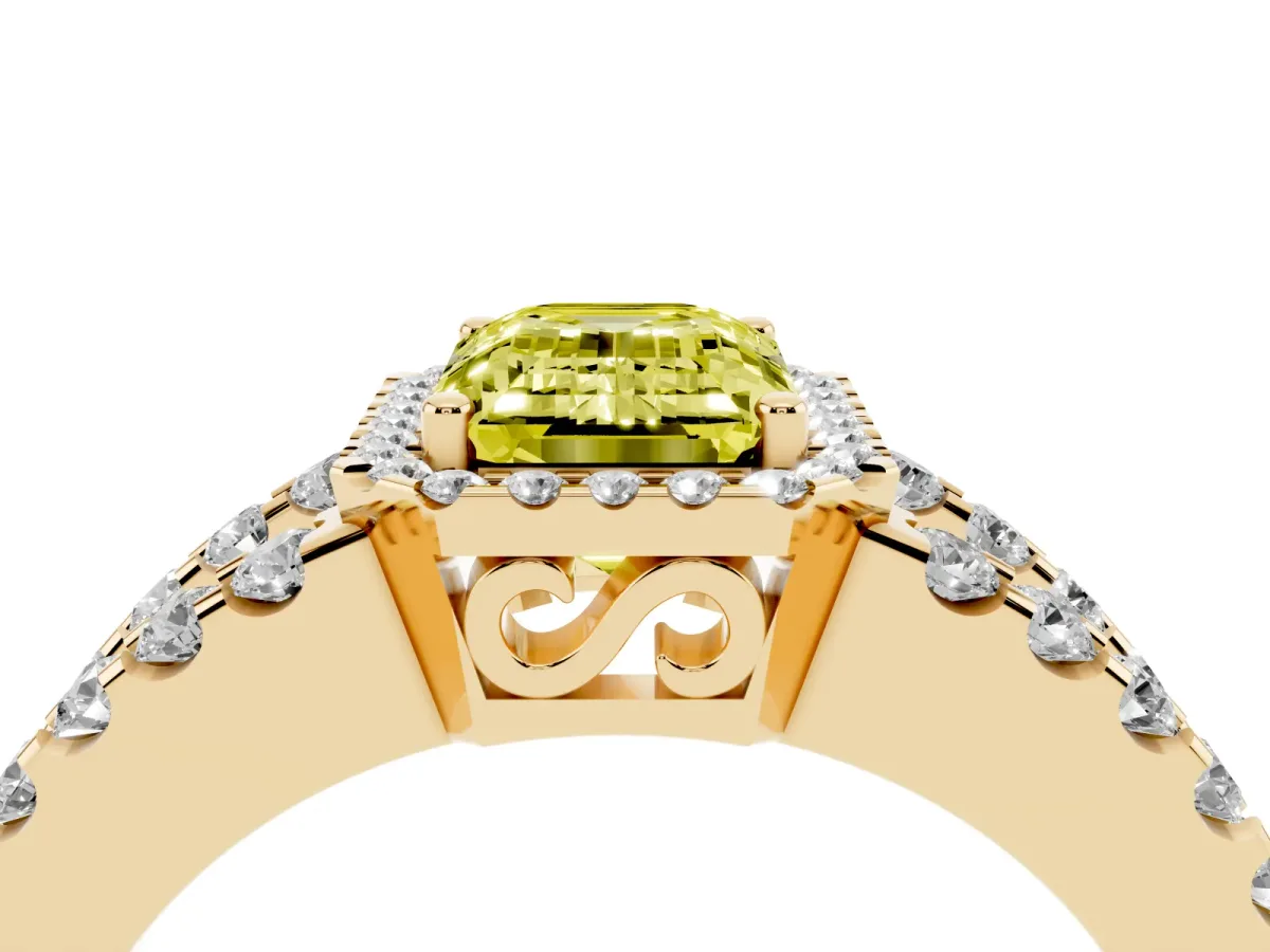 Fancy Yellow Emerald Cut Cut Halo Split Shank Diamond Ring with Four-Prong Setting Yellow gold