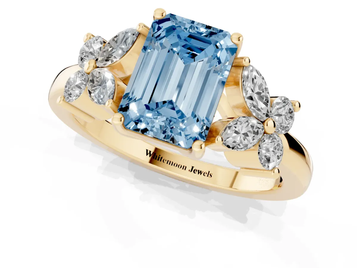 Fancy Blue Emerald Cut Diamond Floral Cluster Ring with Solitaire Band and Prong Setting Yellow gold