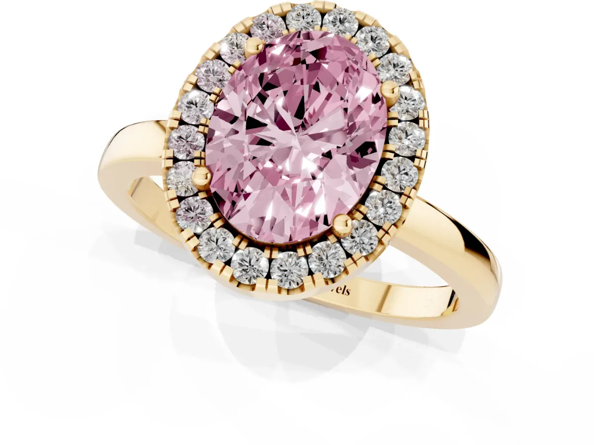 Fancy Pink Oval Cut Halo Diamond Solitaire with Pavé Band and Four-Prong Setting Yellow gold