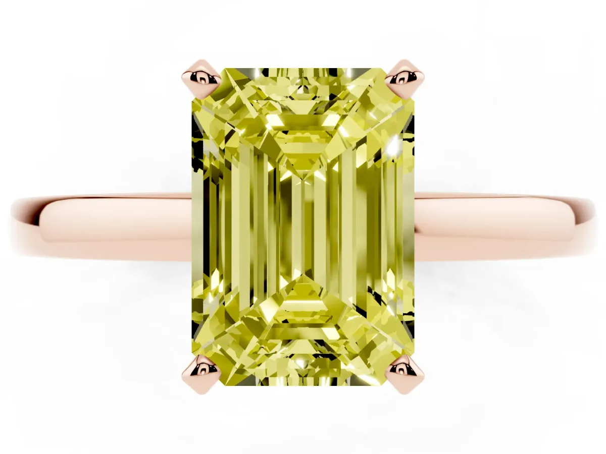 Fancy Yellow Emerald Cut Solitaire Diamond Engagement Ring with Four-Prong Setting on a Classic Band Rose gold