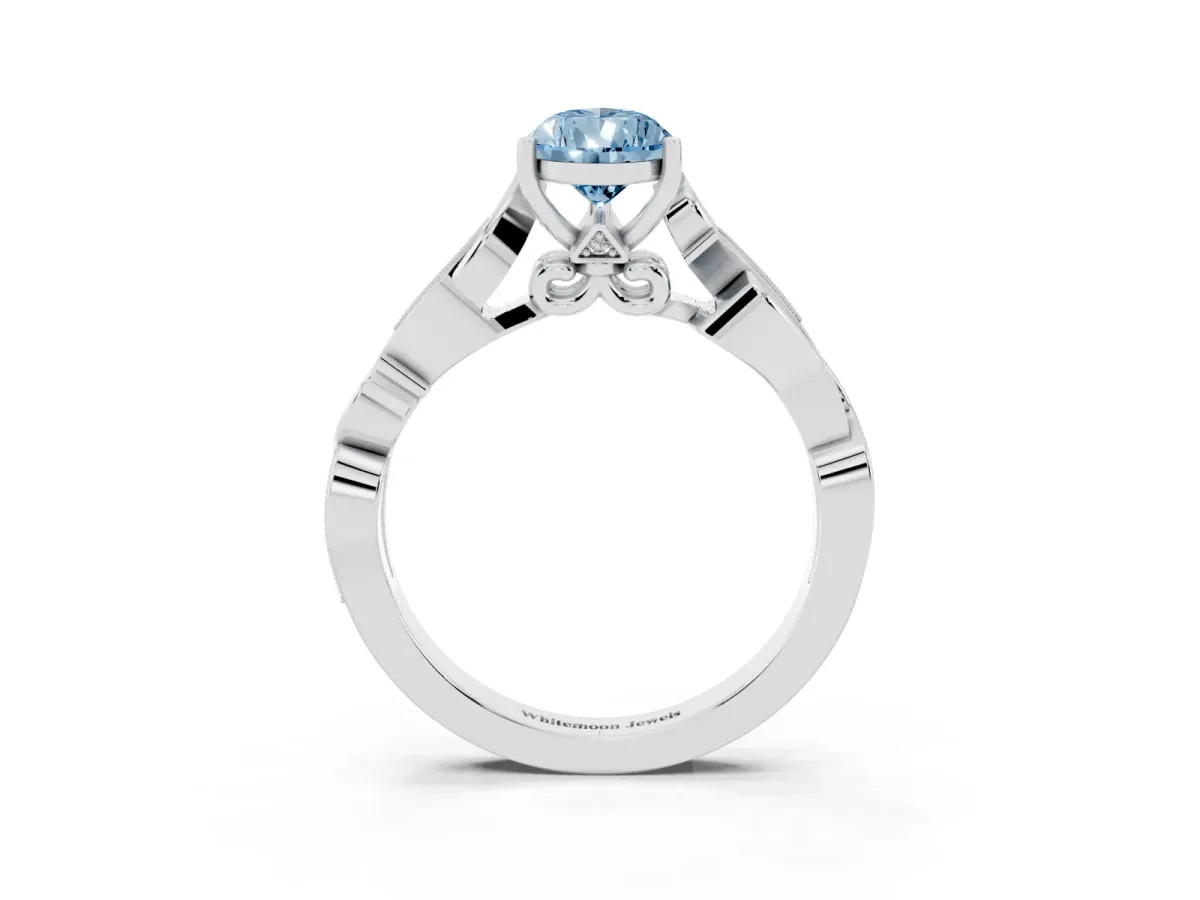 Fancy Blue Pear Cut Solitaire Vine Band with Milgrain Prong Setting Platinum