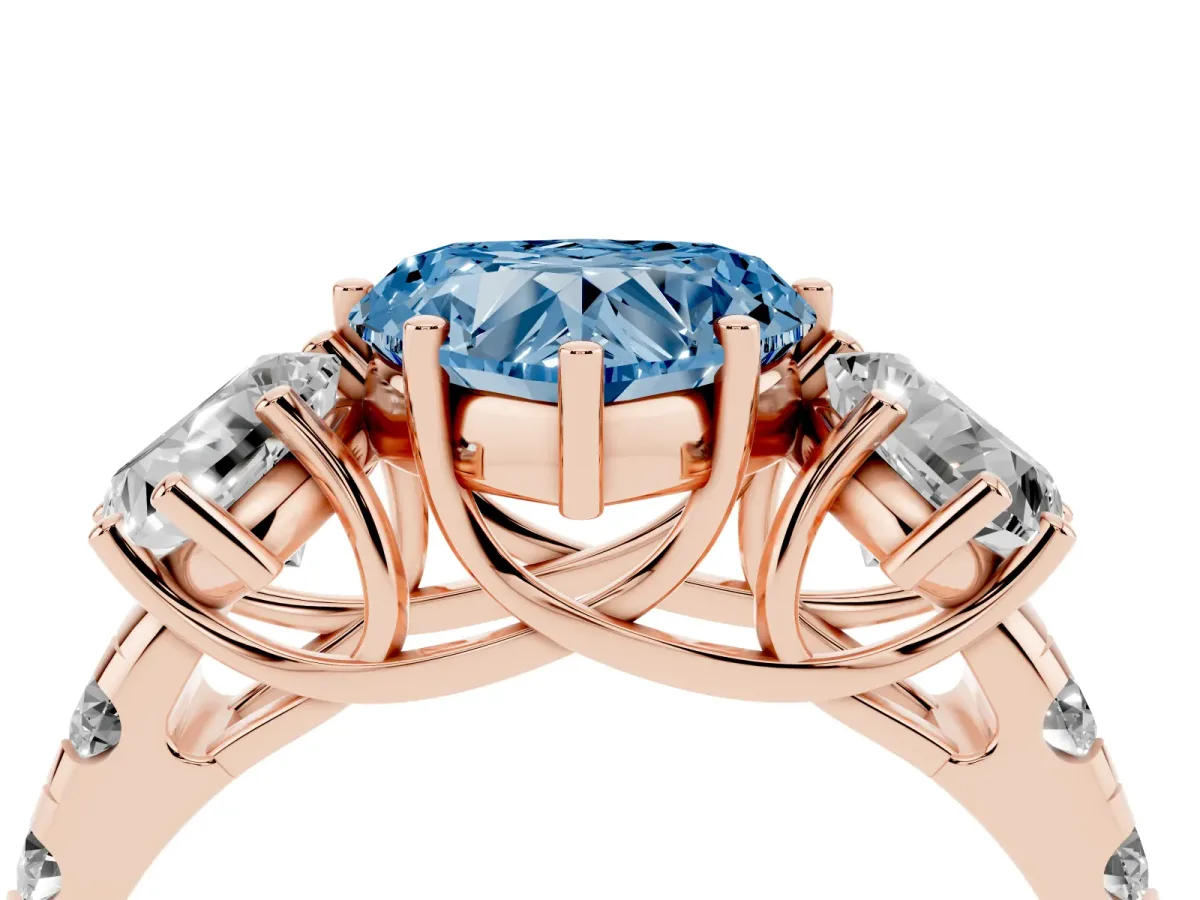 Fancy Blue Three-Stone Heart Cut Diamond Pavé Band with Prong Setting Rose gold