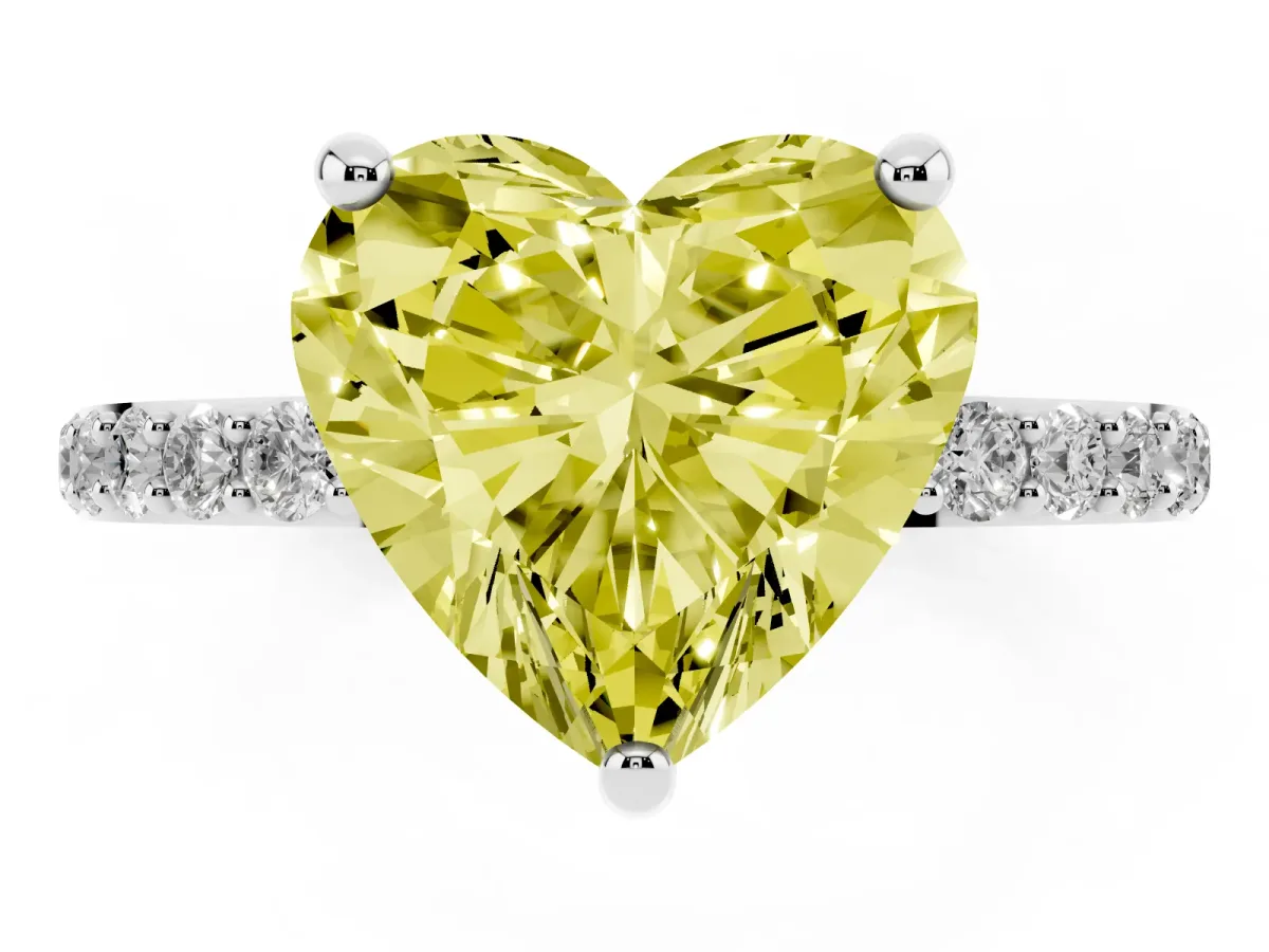 Fancy Yellow Heart Cut Diamond Solitaire Ring with Round Pavé Band and Prong Setting Silver