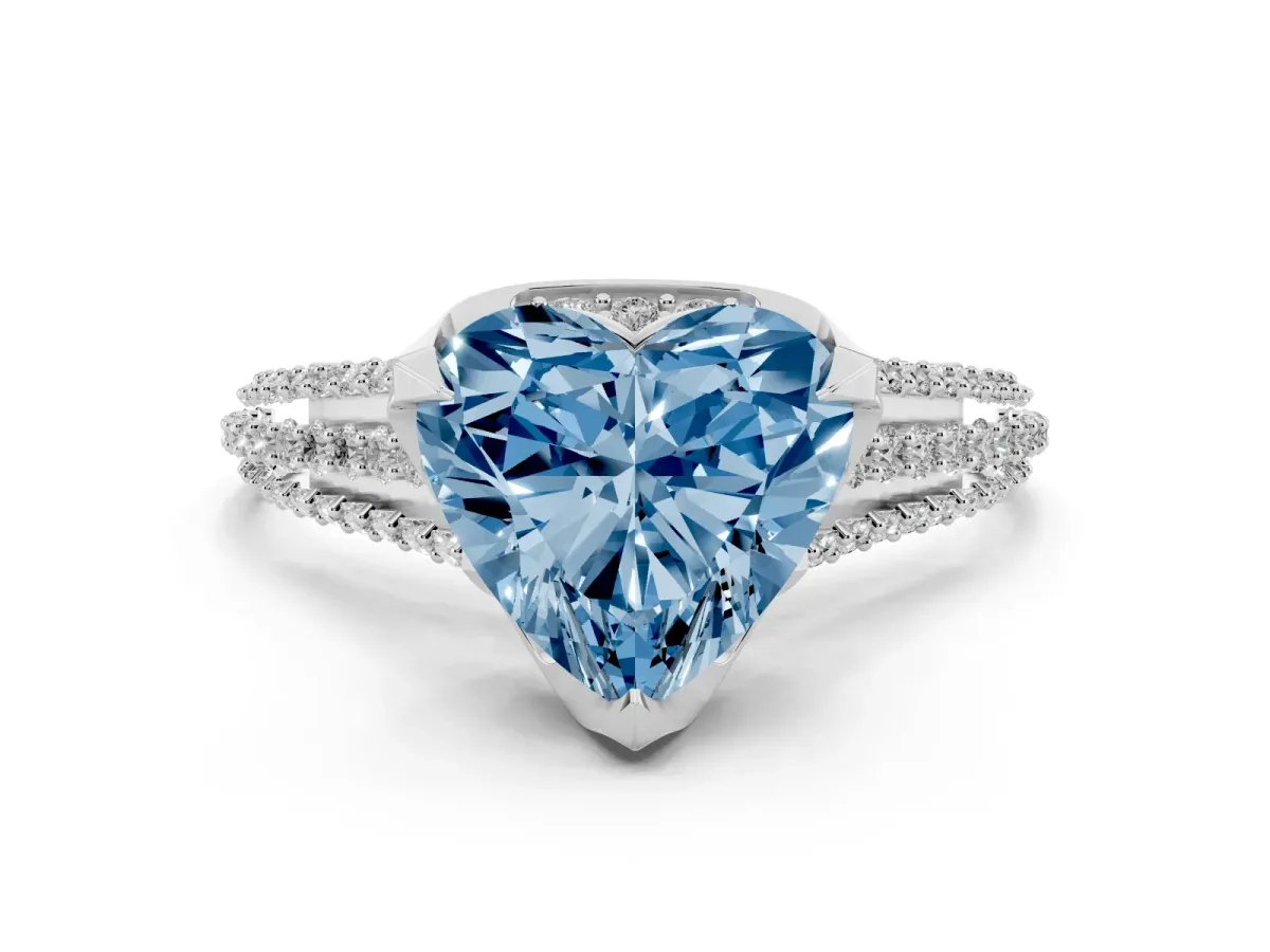Fancy Blue Heart Cut Solitaire Pave Split Shank Ring with Four-Prong Setting White gold