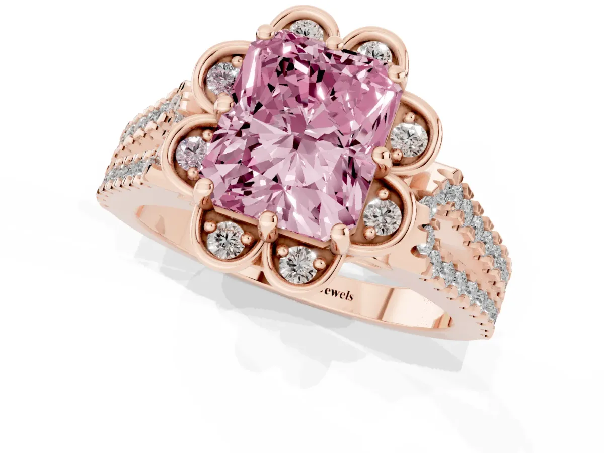 Fancy Pink Radiant Cut Halo Diamond Floral Split Shank Engagement Ring Rose gold