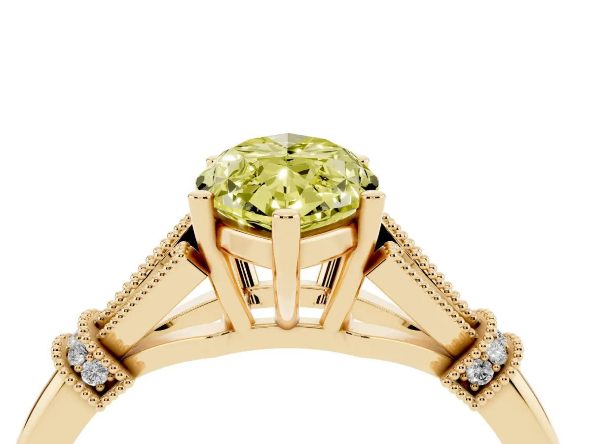 Fancy Yellow Marquise Cut Diamond Solitaire Ring with Floral Filigree and Pave Accents Yellow gold
