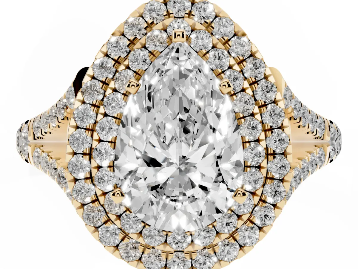 Double Halo Pear Cut Diamond Split Shank Engagement Ring with Four-Prong Setting Yellow gold