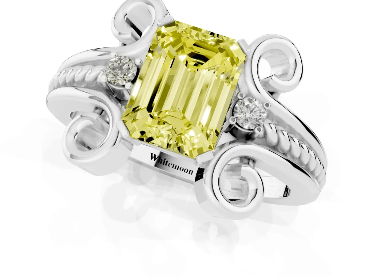 Fancy Yellow Emerald Cut Solitaire Twisted Band Scroll Prong Ring Silver