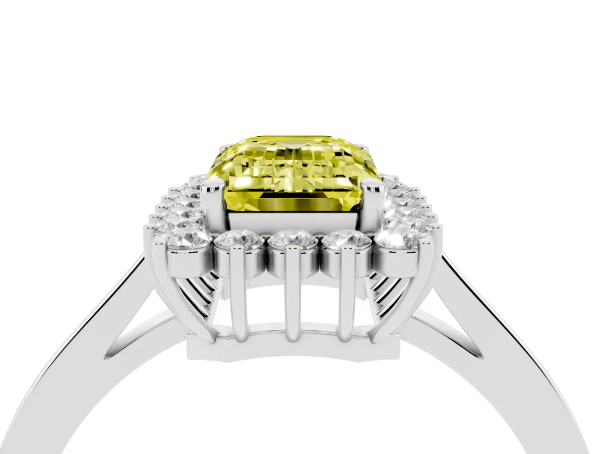 Fancy Yellow Emerald Cut Cut Diamond Halo Ring with Round Brilliant Halo and Solitaire Band Silver