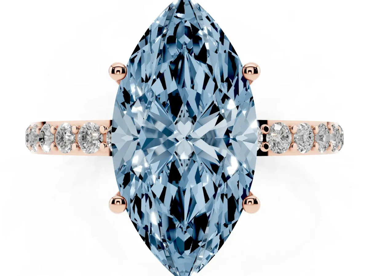 Fancy Blue Marquise Cut Diamond Solitaire Ring with Round Pavé Shoulders and Prong Setting Rose gold