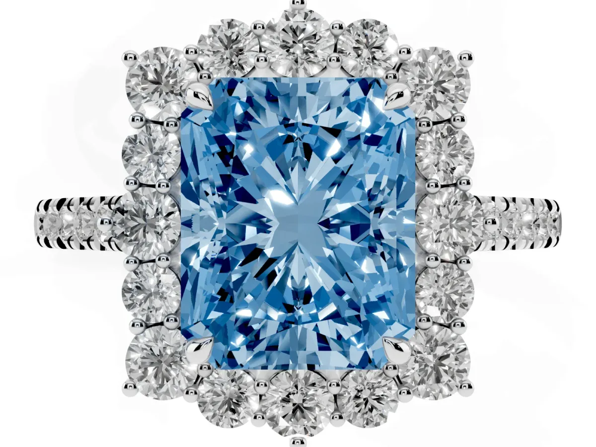 Fancy Blue Radiant Cut Halo Diamond Ring with Pavé Band and Prong Setting Silver