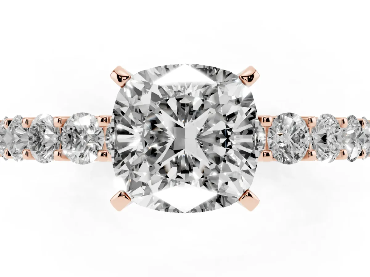 Cushion Cut Diamond Solitaire Ring with Shared Prong Pavé Band and Four-Prong Setting Rose gold