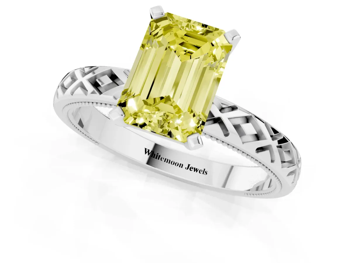 Fancy Yellow Emerald Cut Solitaire Diamond Ring with Milgrain and Black Enamel X Pattern Band Silver