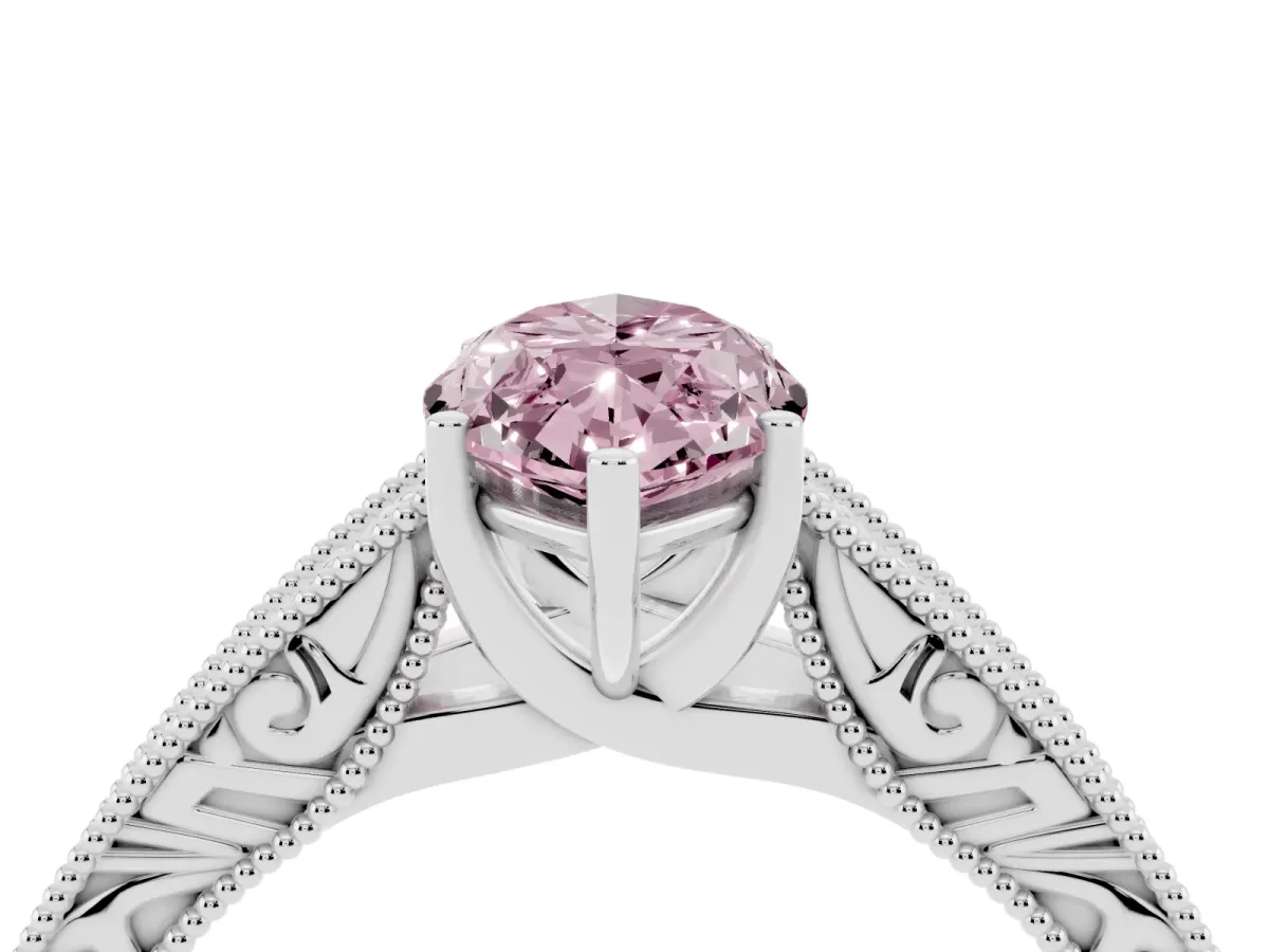 Fancy Pink Marquise Cut Diamond Solitaire Ring with Engraved Band and Four-Prong Setting White gold