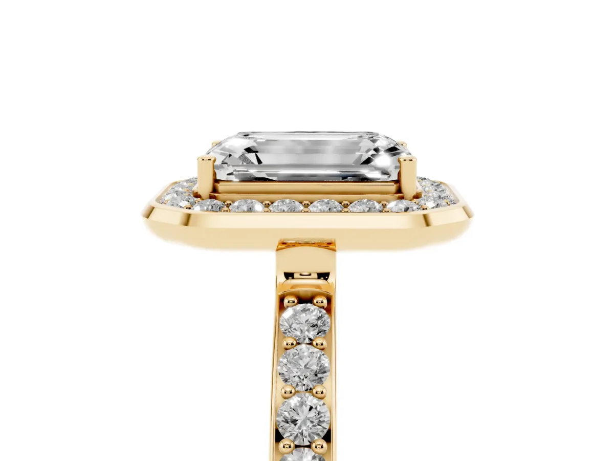 Emerald Cut Diamond Halo Ring with Bezel Frame and Pavé Band Yellow gold
