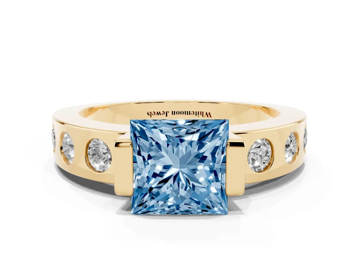 Fancy Blue Princess Cut Brilliant Channel-Set Diamond Ring with Bezel Prong Setting Yellow gold
