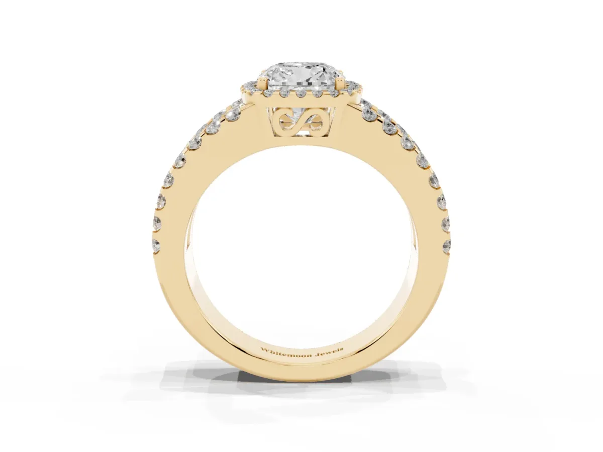 Cushion Cut Cut Halo Split Shank Diamond Ring with Four-Prong Setting Yellow gold