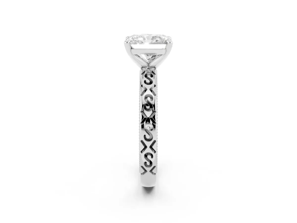 Radiant Cut Solitaire Engagement Ring with Scrollwork Band and Four-Prong Setting White gold