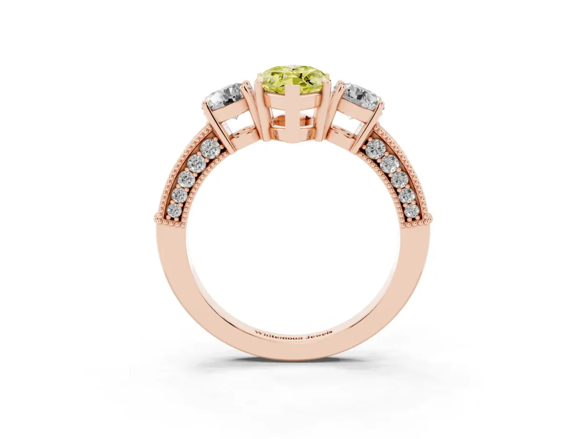 Fancy Yellow Marquise Cut Three-Stone Diamond Ring with Pavé Band and Four-Prong Setting Rose gold