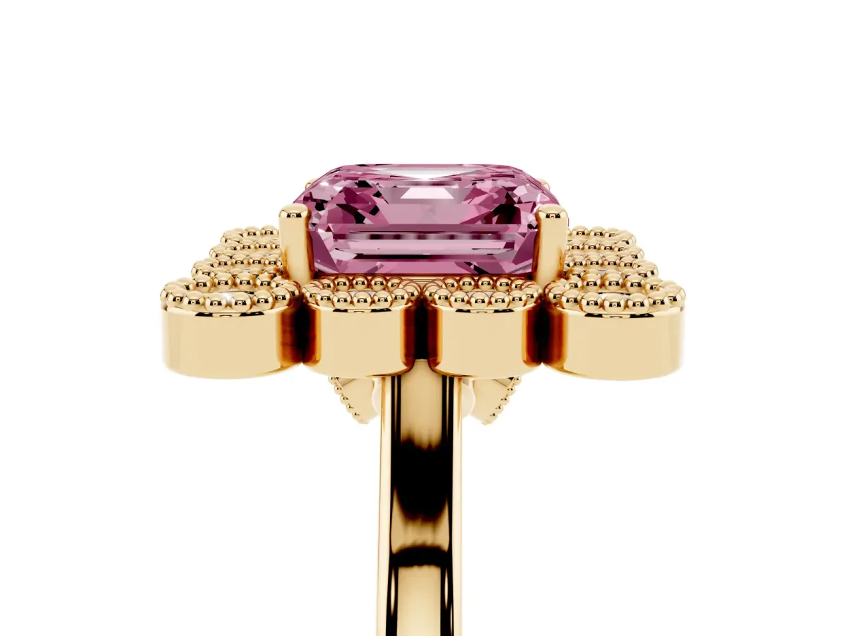 Fancy Pink Asscher Cut Halo Diamond Cluster Engagement Ring with Milgrain Bezel Setting and Solitaire Band Yellow gold