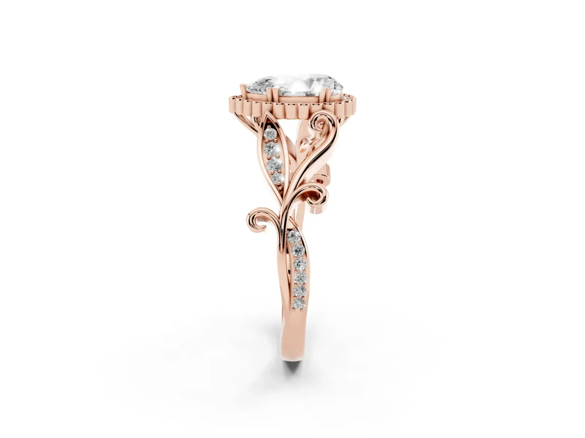 Pear Cut Diamond Halo Ring with Vintage Split Shank and Four-Prong Setting Rose gold