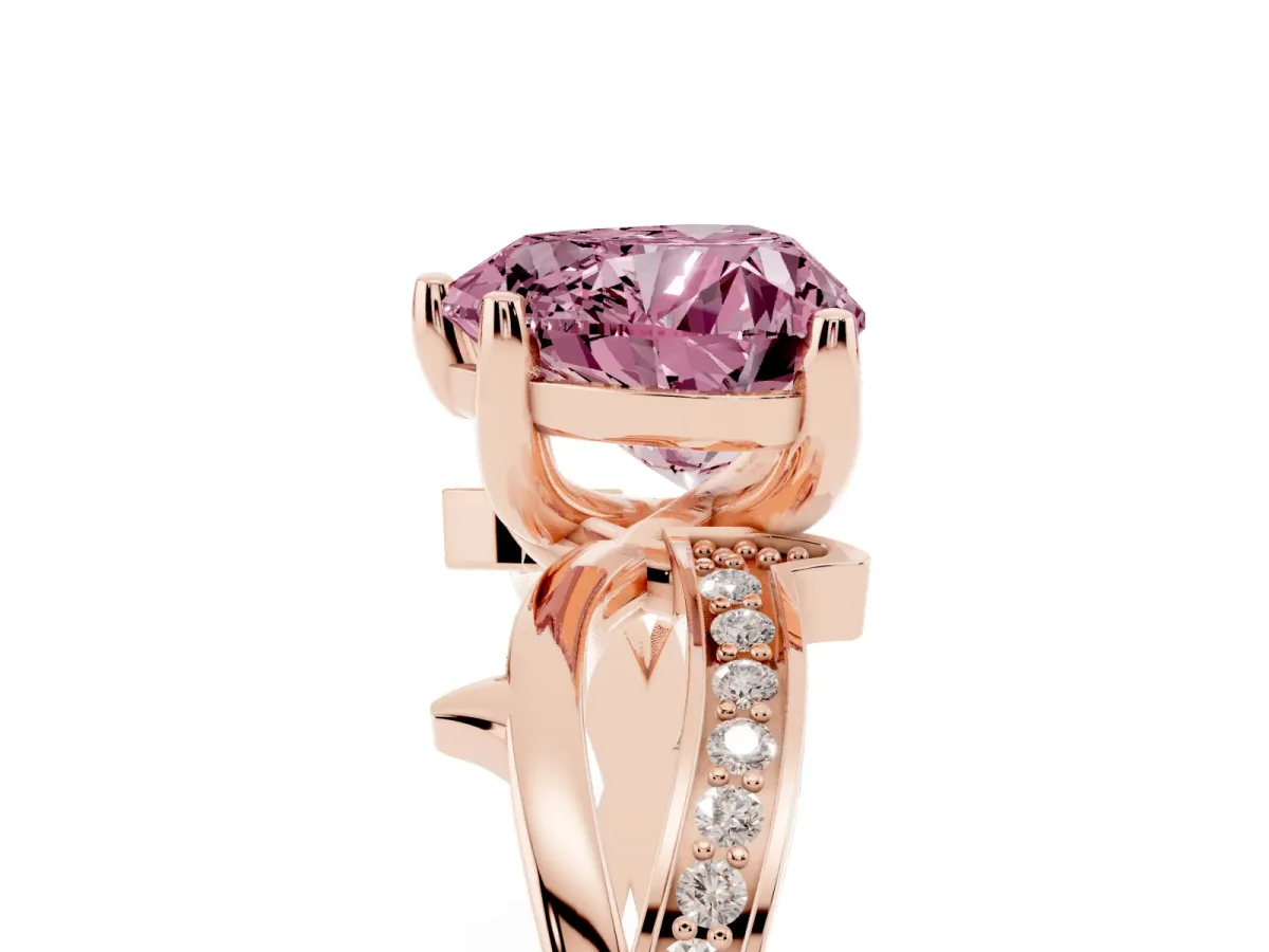 Fancy Pink Heart Cut Solitaire Twist Band with Pavé Accents and Four-Prong Setting Rose gold