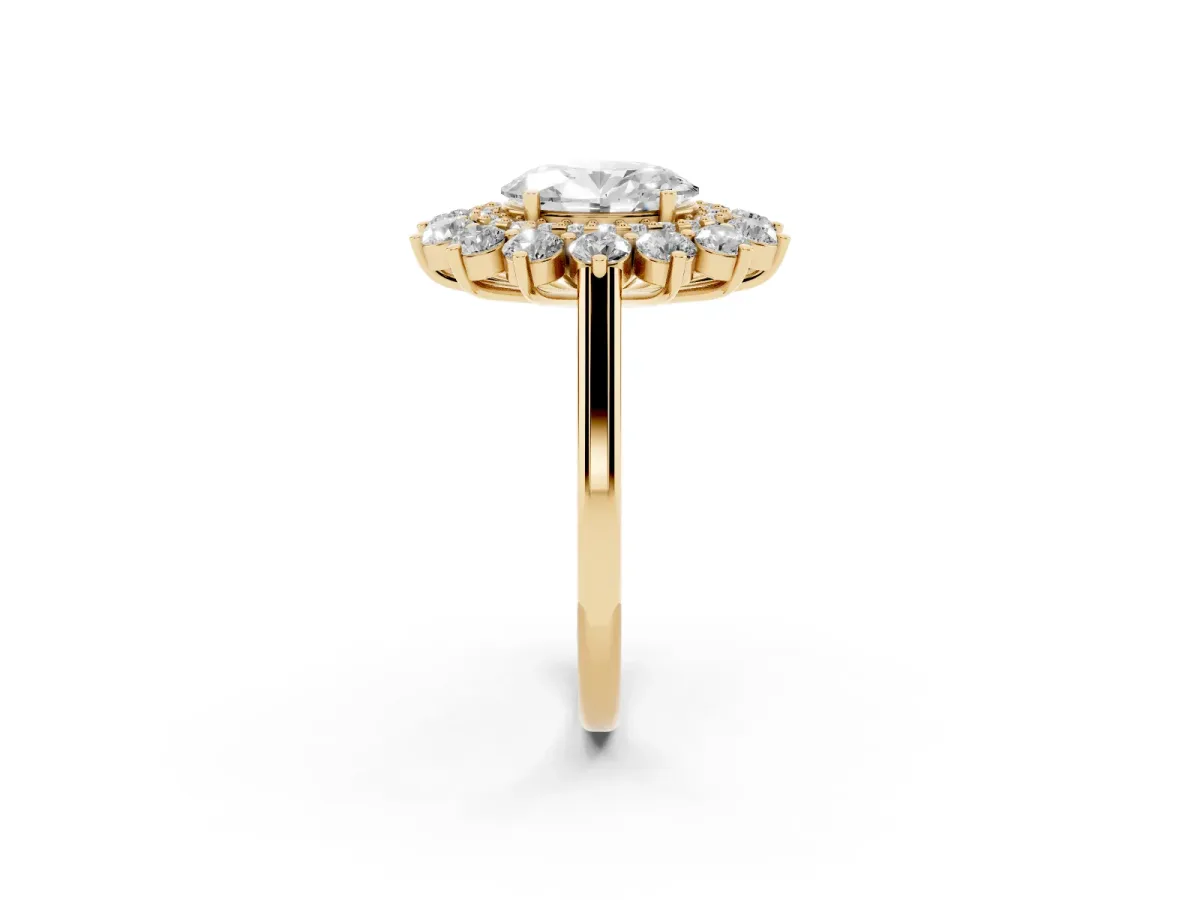 Oval Cut Diamond Floral Double Halo Engagement Ring with Prong Setting Yellow gold