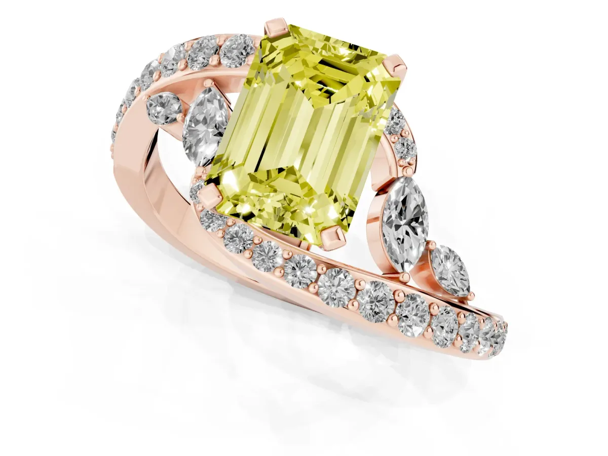 Fancy Yellow Emerald Cut Solitaire with Pavé Twist Band and Four-Prong Setting Rose gold