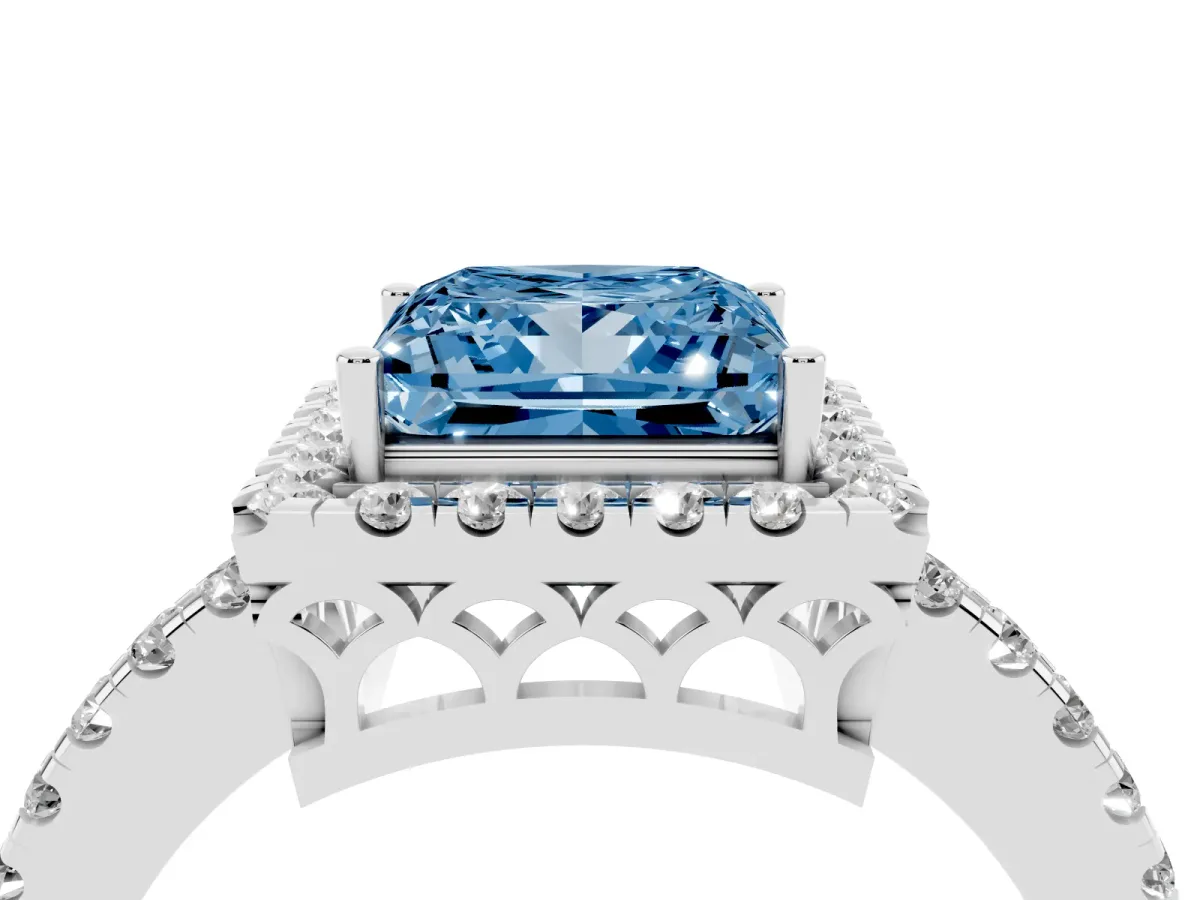 Fancy Blue Princess Cut Halo Diamond Engagement Ring with Pavé Band and Four-Prong Setting Platinum