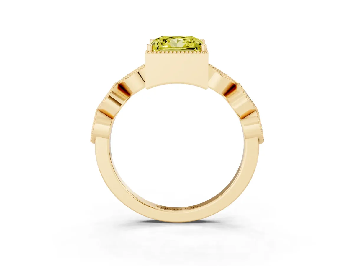 Fancy Yellow Princess Cut Diamond Vintage Milgrain Ring with Round Stations Yellow gold