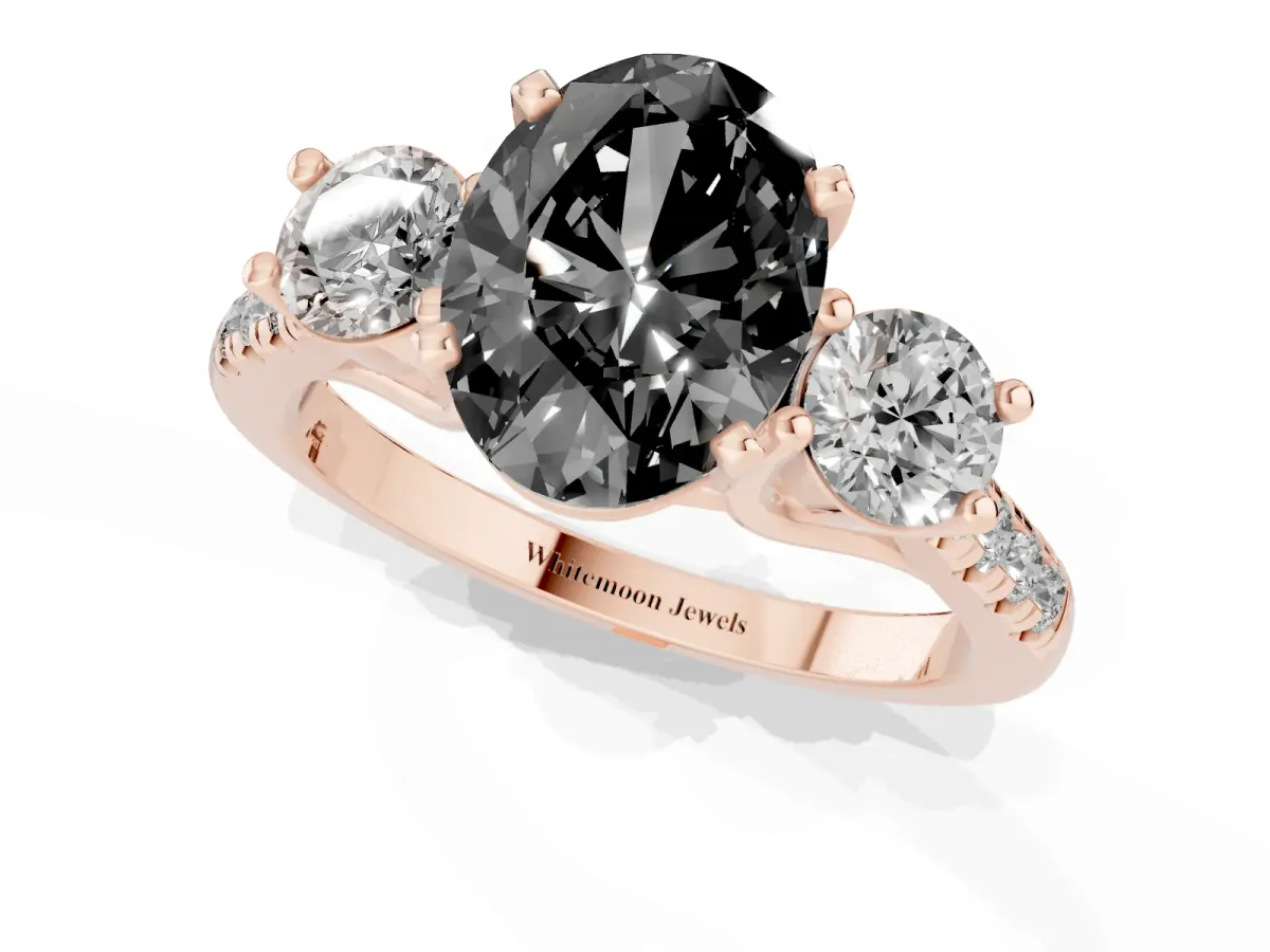 Fancy Black Three-Stone Oval Cut Diamond Pavé Band with Four-Prong Setting Rose gold
