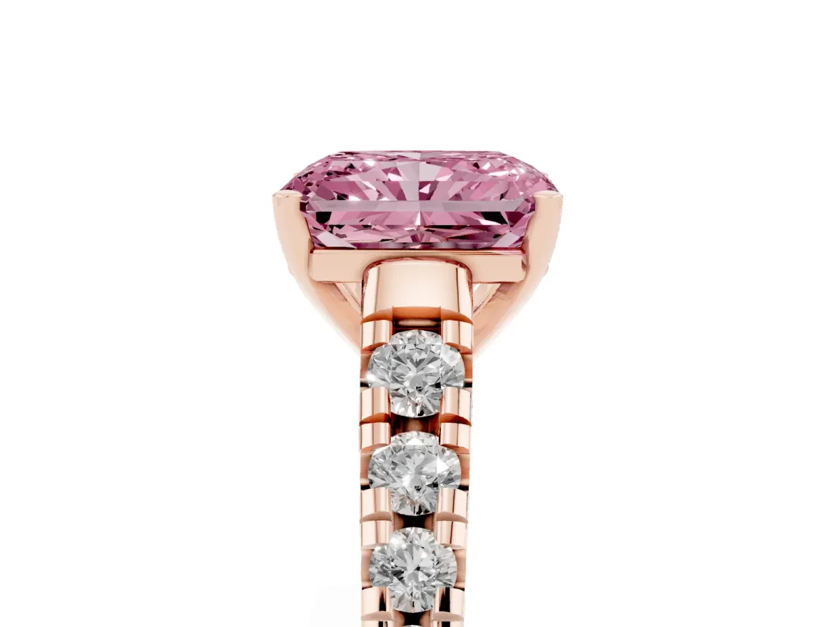 Fancy Pink Radiant Cut Diamond Cathedral Solitaire Ring with Round Pavé Band Rose gold