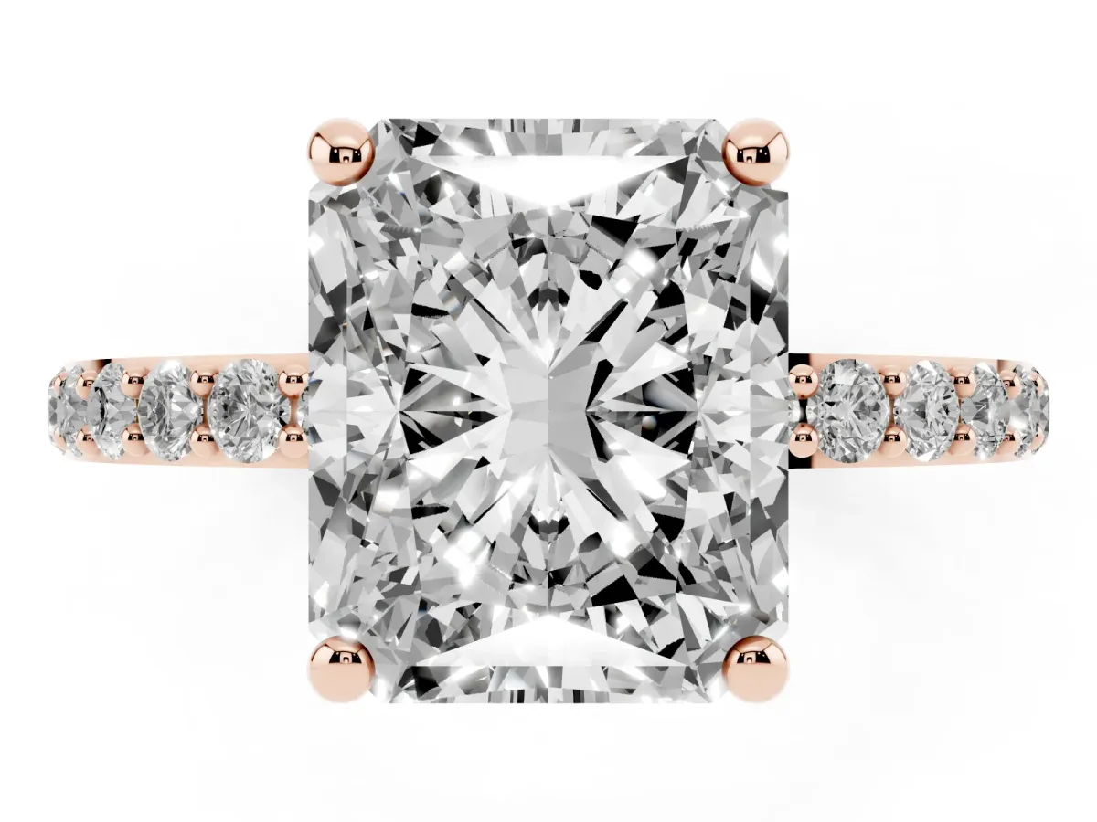 Radiant Cut Diamond Solitaire Ring with Round Pavé Band and Prong Setting Rose gold