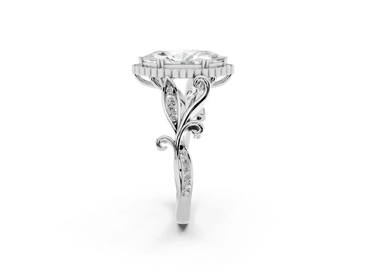 Marquise Cut Diamond Halo Ring with Vintage Split Shank and Four-Prong Setting Silver